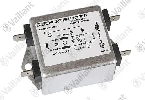 EMV-Filter von Vaillant mit Anschlüssen für PE, LINE, N und L sowie technischen Spezifikationen auf dem Gehäuse. Metallisches Gehäuse mit beschriftetem Anschlussdiagramm.